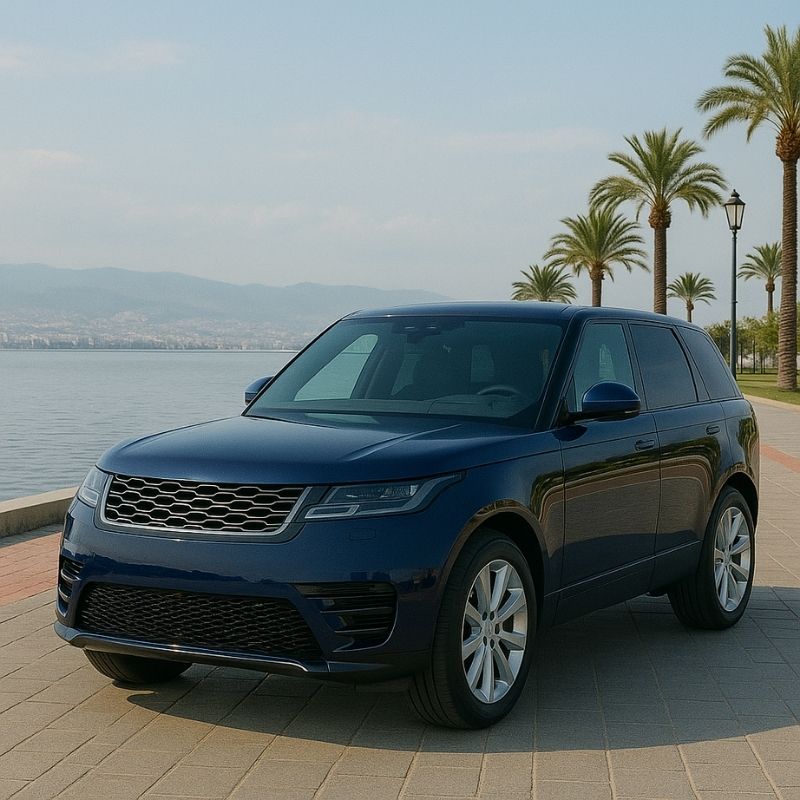 Land Rover yedek parça İzmir temalı görsel. Lacivert Range Rover, Karşıyaka sahil yolunda logosuz şekilde görüntülenmiştir.