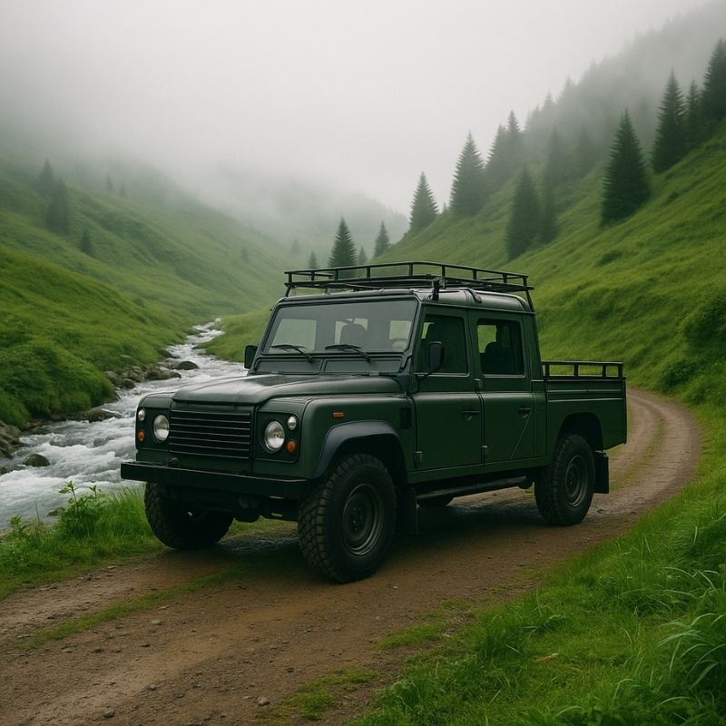 Land Rover yedek parça Rize – yayla yolunda dere kenarında Defender
