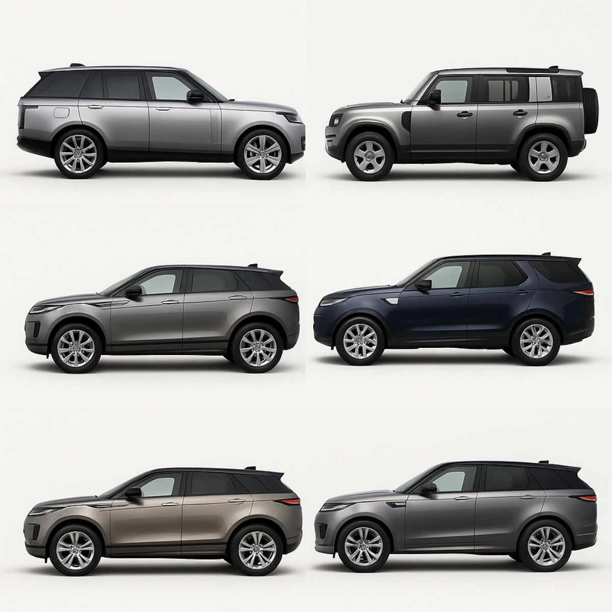 Land Rover yedek parça Diyarbakır – stüdyo çekiminde 6 model tam yandan: Range Rover, Range Rover Sport, New Defender, Discovery 5, Range Rover Evoque ve Velar
