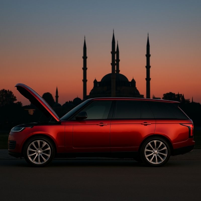 Land Rover yedek parça Edirne – kırmızı Range Rover Vogue, Selimiye Camii silüetiyle yandan görünüm
