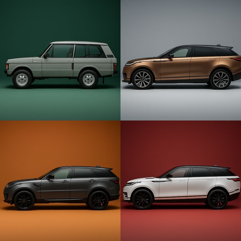 Land Rover yedek parça Kayseri – Defender, Range Rover Velar, Range Rover Sport ve Range Rover; stüdyo çekimi yan profil, 2×2 yatay kompozit