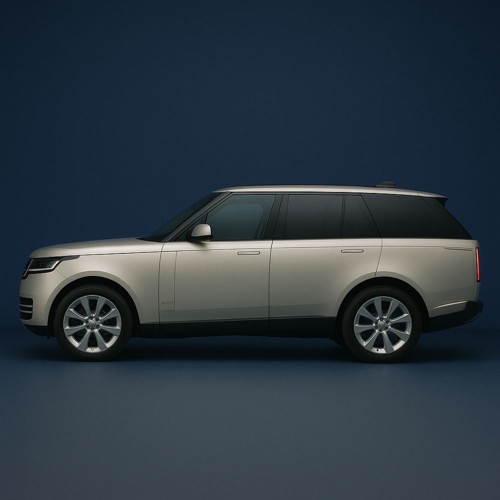 Land Rover yedek parça Şaşmaz – lacivert fon üzerinde açık renk Range Rover Vogue yandan görünüm.