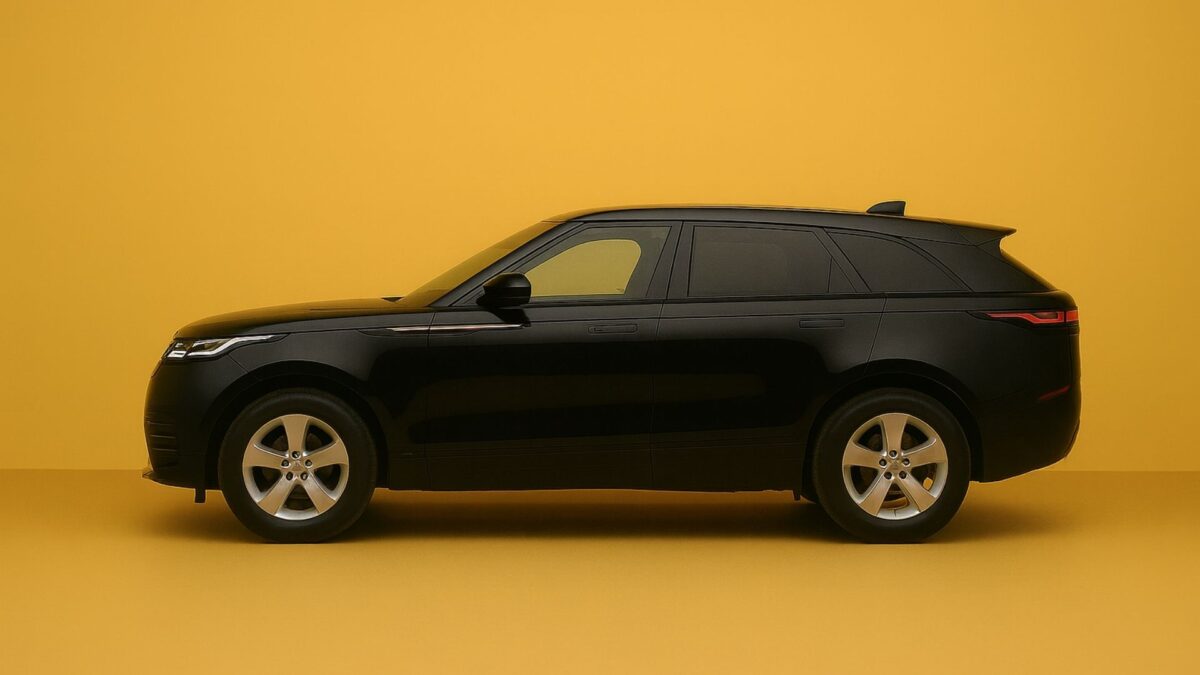Land Rover yedek parça Şaşmaz – sarı fon üzerinde siyah Range Rover Velar tam yandan görünüm.
