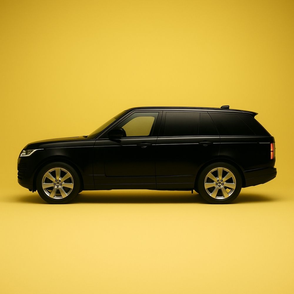 Land Rover yedek parça Van – siyah Range Rover Vogue, sarı stüdyo fonunda tam yandan görünüm