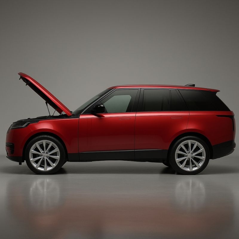 Land Rover Yedek Parça - Kırmızı Range Rover Vogue, stüdyo çekiminde kaputu açık yandan görünüş