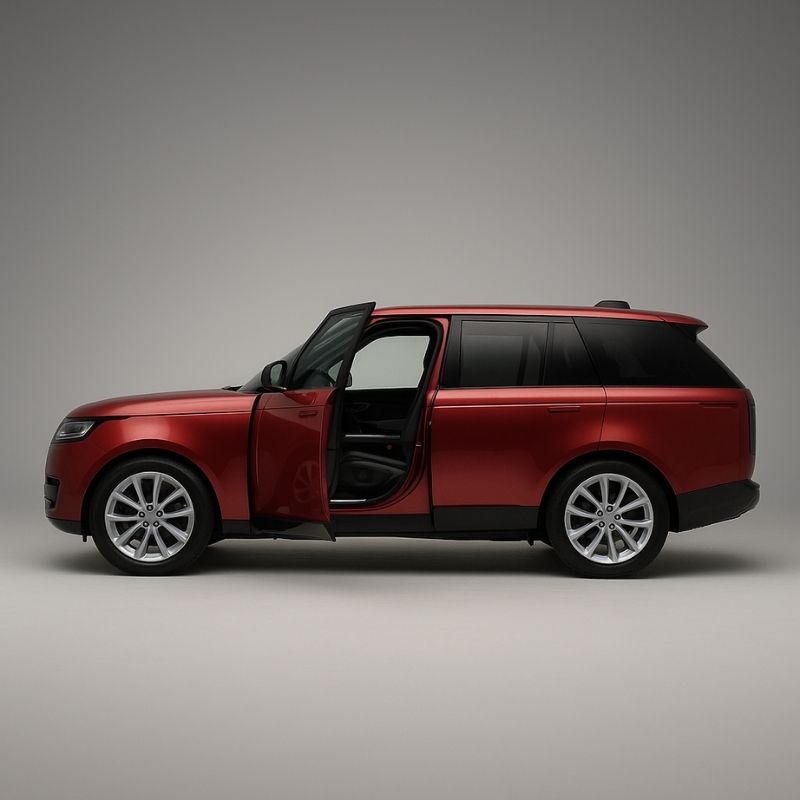 Kırmızı Range Rover Vogue, stüdyo çekiminde kapısı açık yandan görünüş