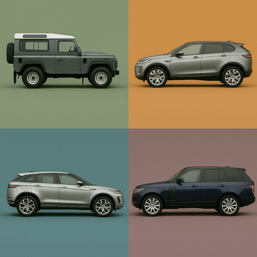Land Rover yedek parça Bolu – Defender, Discovery, Range Rover ve Evoque stüdyo kolajı tam yandan görünüm