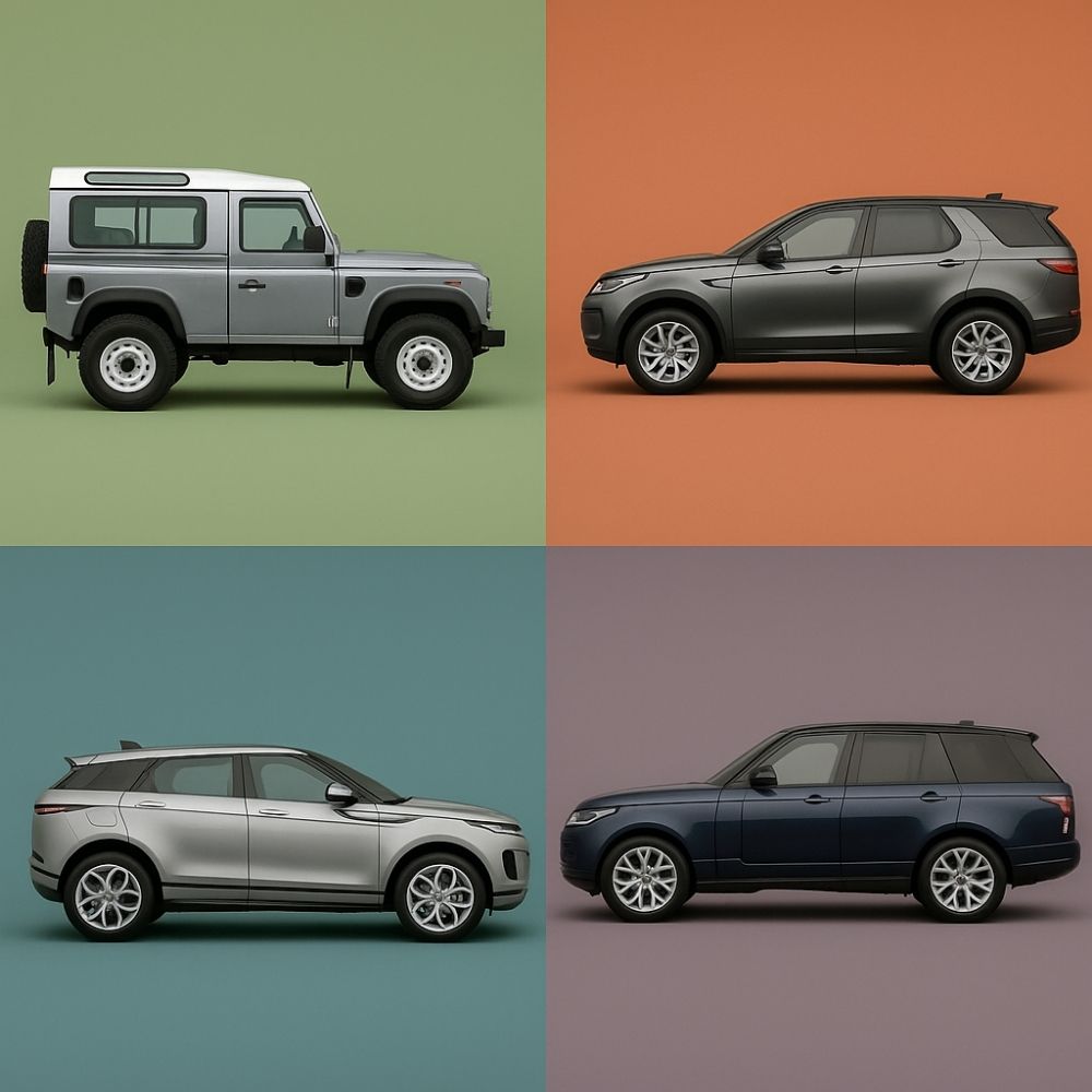 Land Rover yedek parça Kars – Defender, Discovery, Range Rover ve Evoque stüdyo kolajı tam yandan görünüm