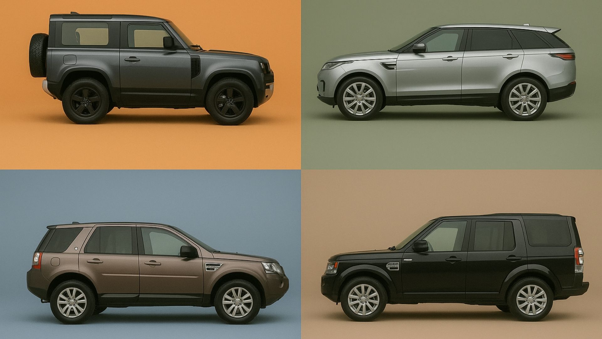 Land Rover yedek parça Sivas – Defender, Range Rover Sport, Freelander ve Discovery yan görünüm stüdyo kolajı