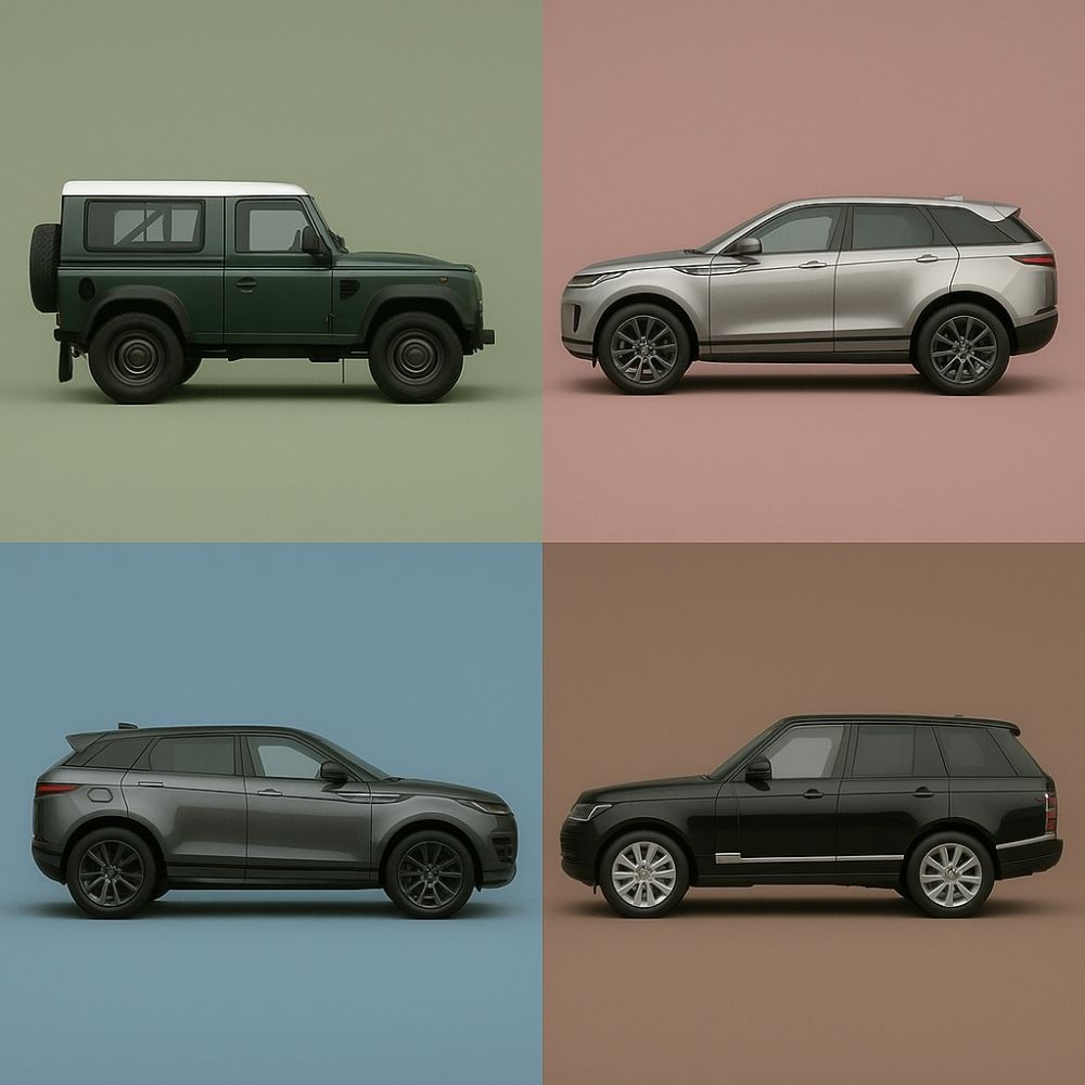 Land Rover yedek parça Zonguldak – Defender, Evoque, Range Rover ve Discovery stüdyo kolajı tam yandan görünüm